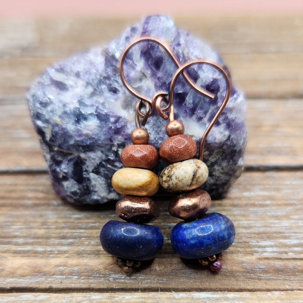 Lapis Lazuli, Picture Jasper, Goldstone, and Copper Stacked Earrings